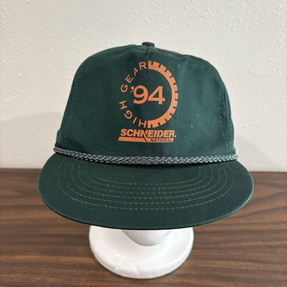 Schneider National High Gear ‘94 Trucker Hat Rope Snapback RARE Green Orange 90s